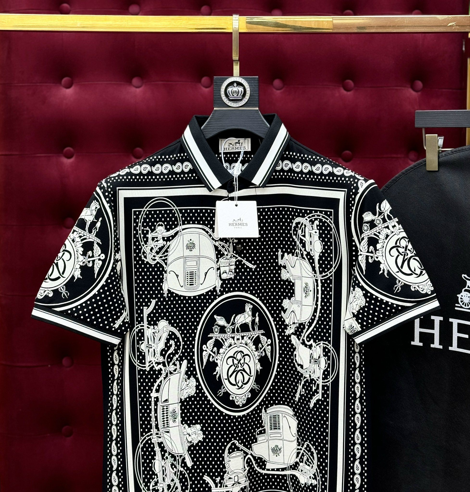 Áo polo Hermes HM Đen họa tiết chấm bi Trắng Like Auth 1-1 on web CD